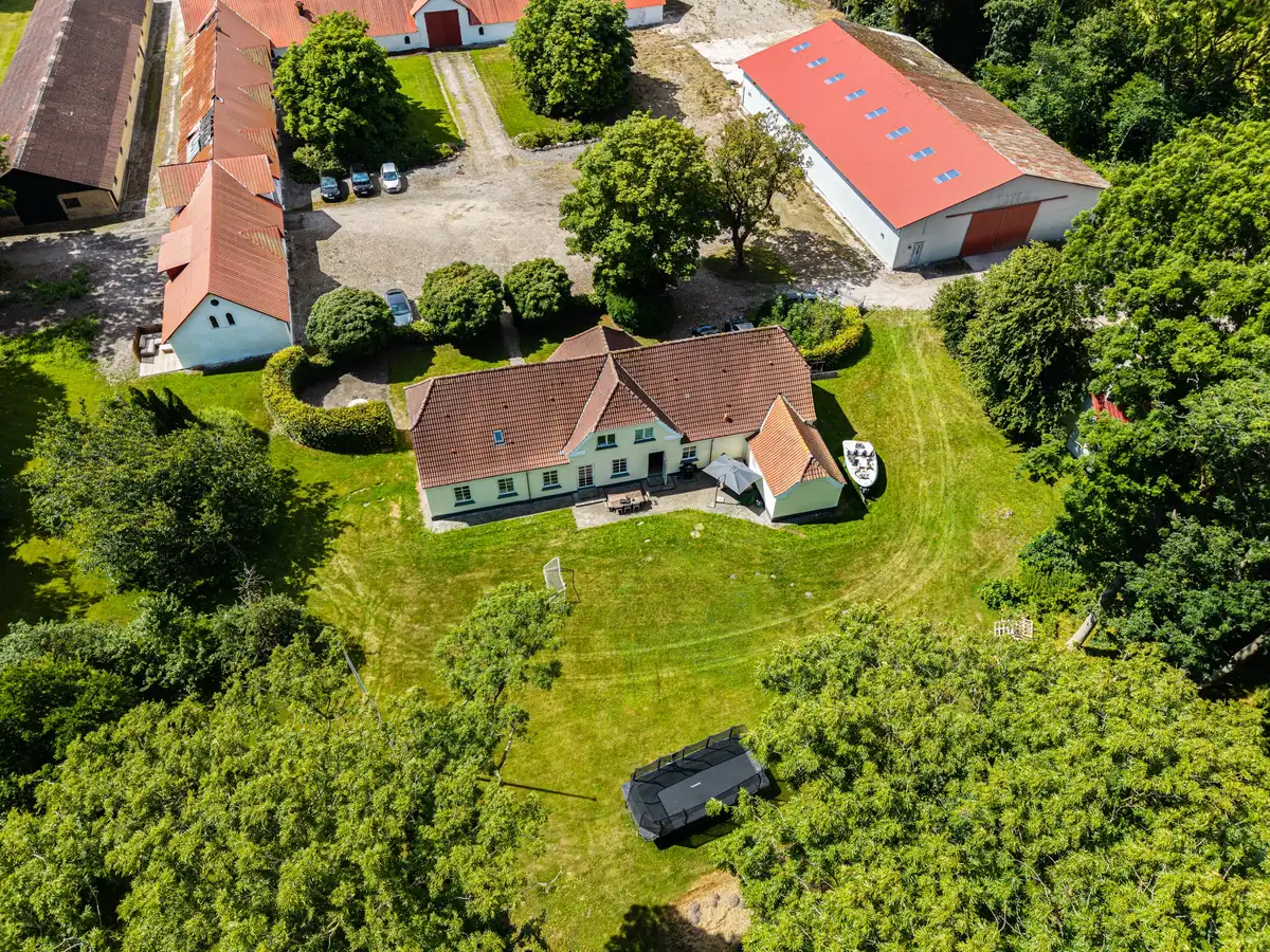 Luftfoto af Faurholt med hovedhus, længer og græsarealer omgivet af træer